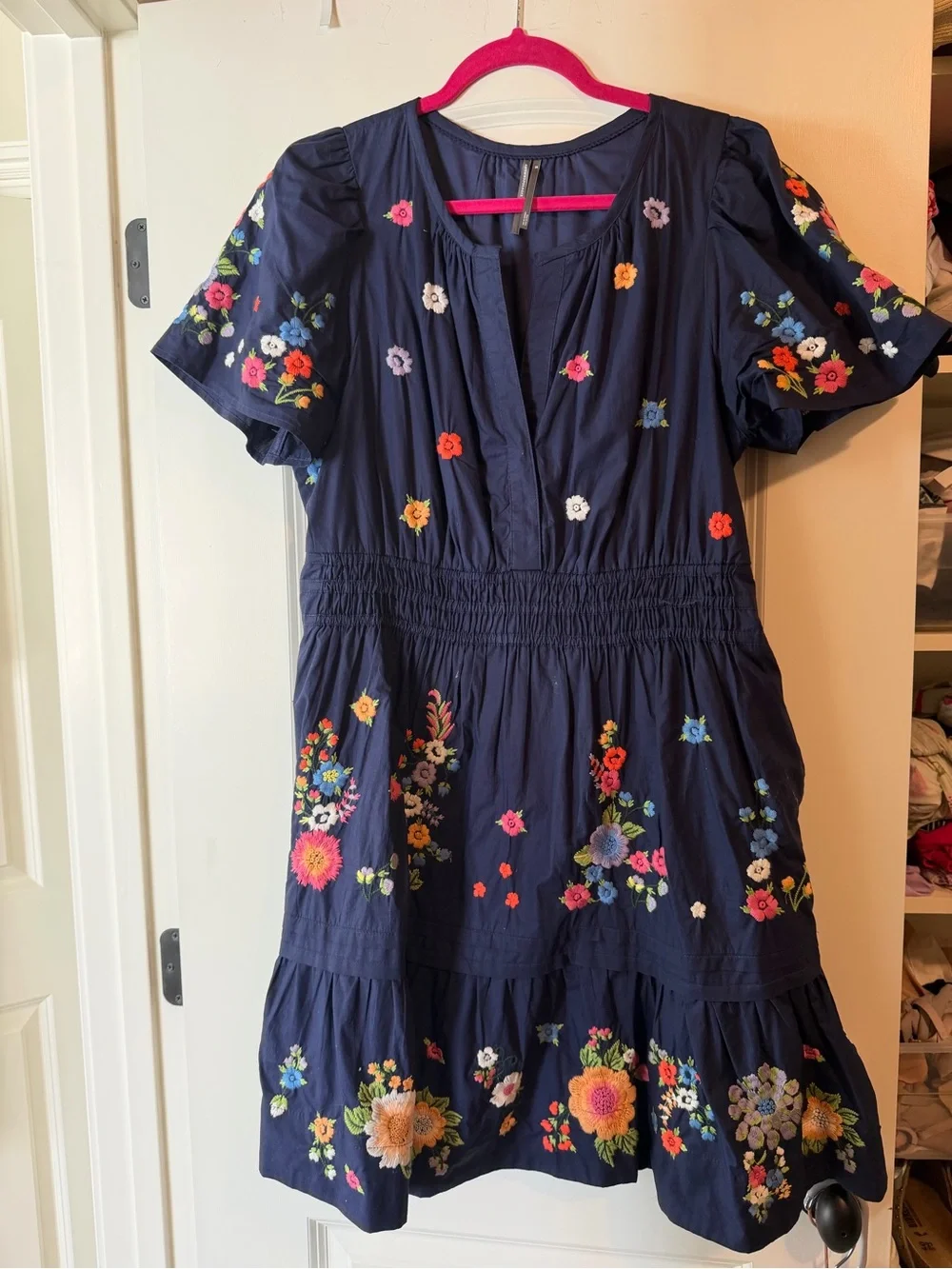 Anthropologie Navy Floral Embroidered Short-Sleeve Dress - Picture 4 of 5